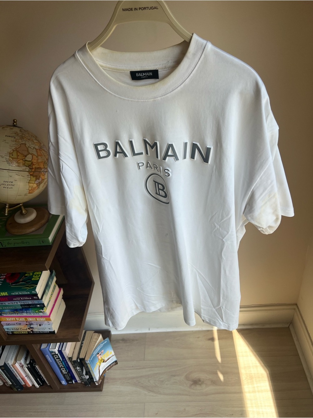 Balmain Paris White T-Shirt with Gray Logo, Size XL, Good Condition